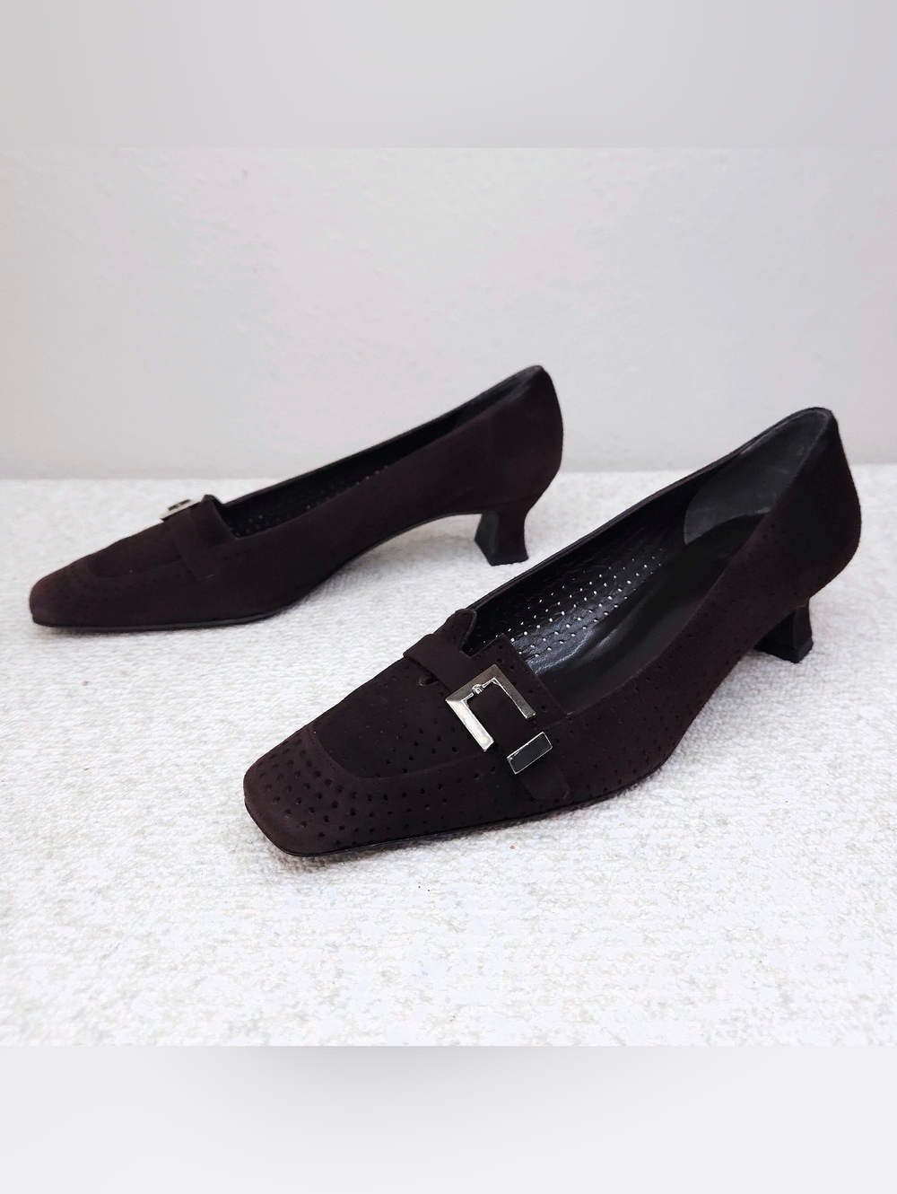 Stuart Weitzman Perforated Pumps US 6.5 Chocolate Brown Suede Square Toe Heels
